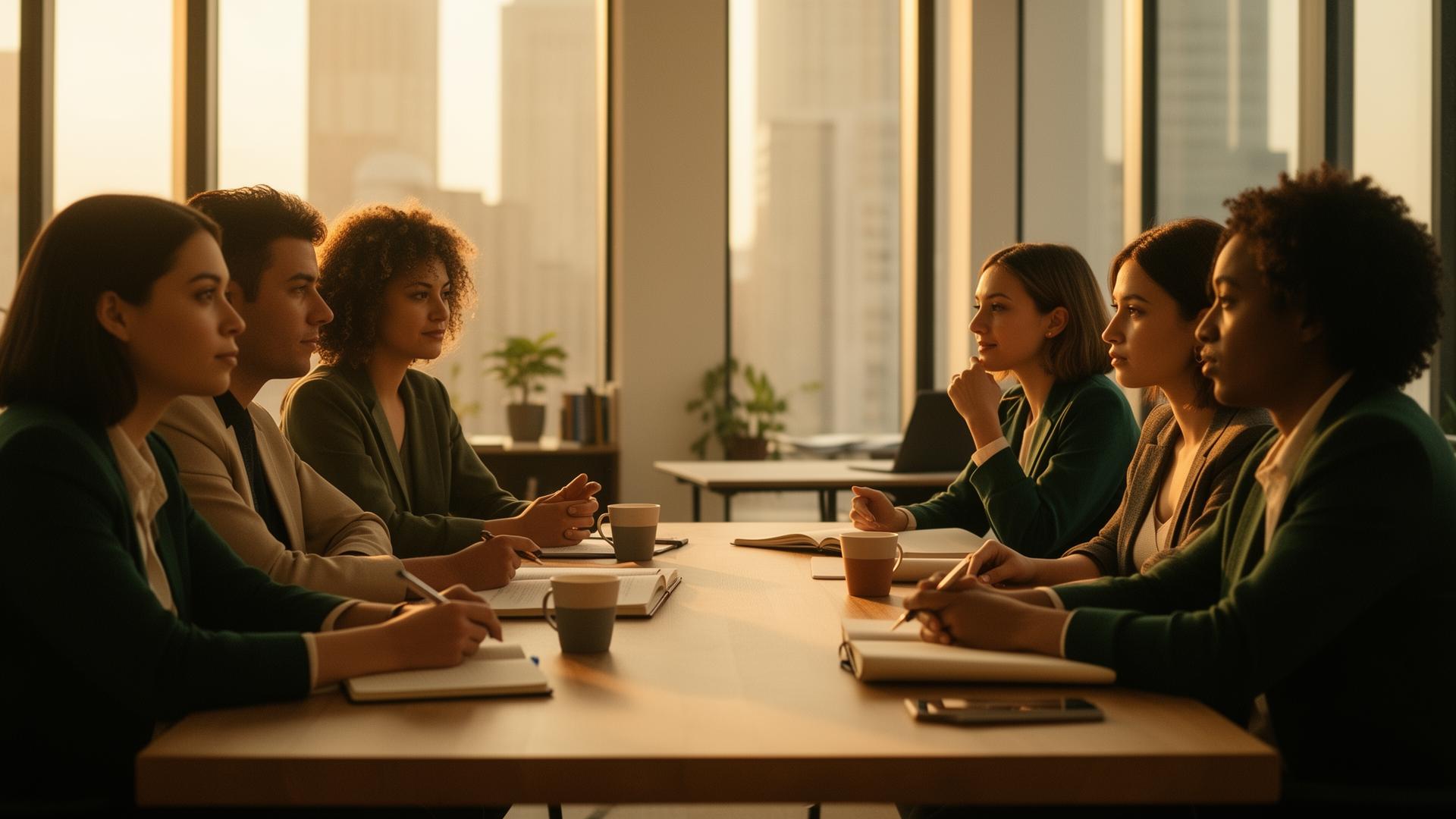 Workplace Group members gathered around a table in conversation